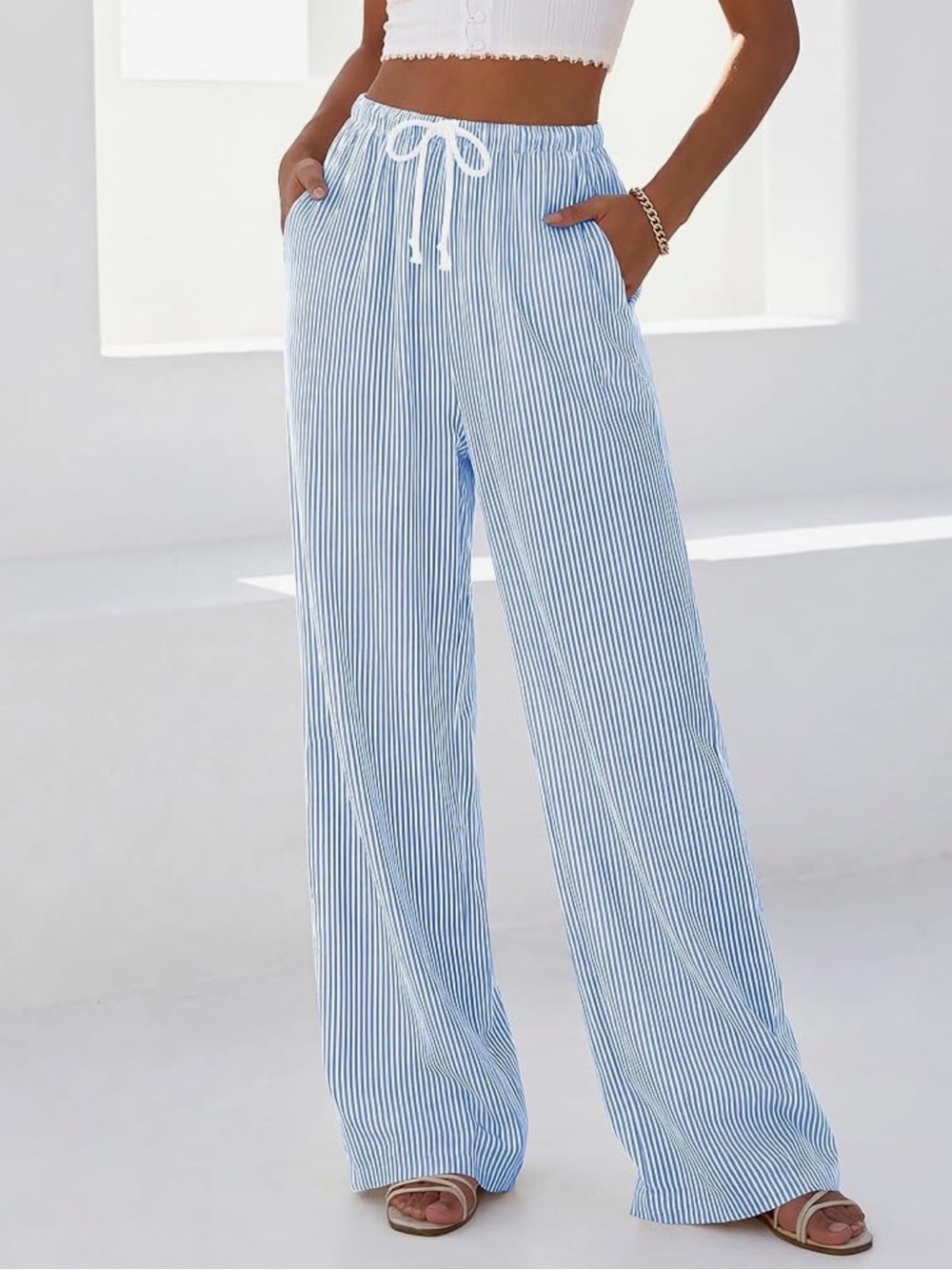 Light Blue and White Pinstripe Women's Drawstring Lounge Pants